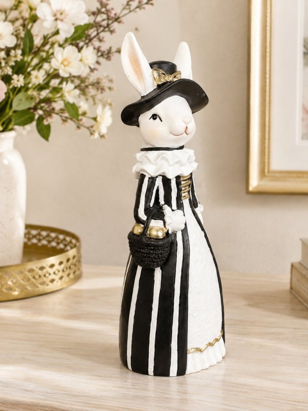 Victorian Lady Bunny Figurine Black White Gold Easter Spring Decor NWT